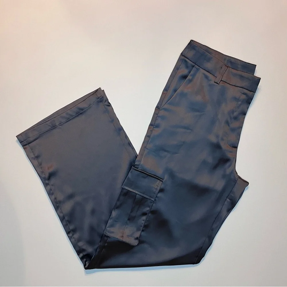 Wide Leg Satin Cargo Pants in Charcoal Gray - Picture 3 of 8